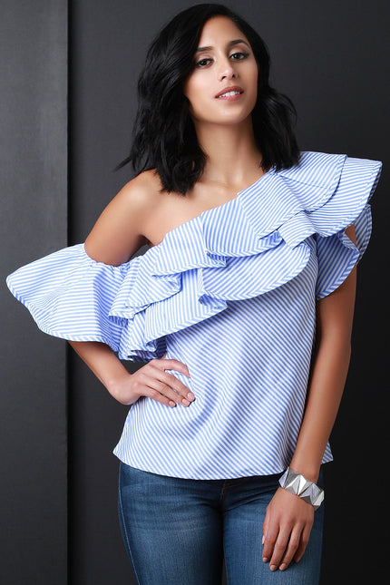 Asymmetrical One Shoulder Tiered Ruffle Statement Sleeve Striped Top
