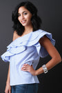 Asymmetrical One Shoulder Tiered Ruffle Statement Sleeve Striped Top