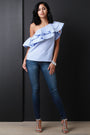 Asymmetrical One Shoulder Tiered Ruffle Statement Sleeve Striped Top