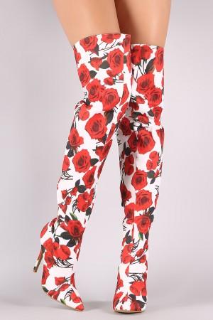 Rosette Print Pointy Toe Over-The-Knee Boots