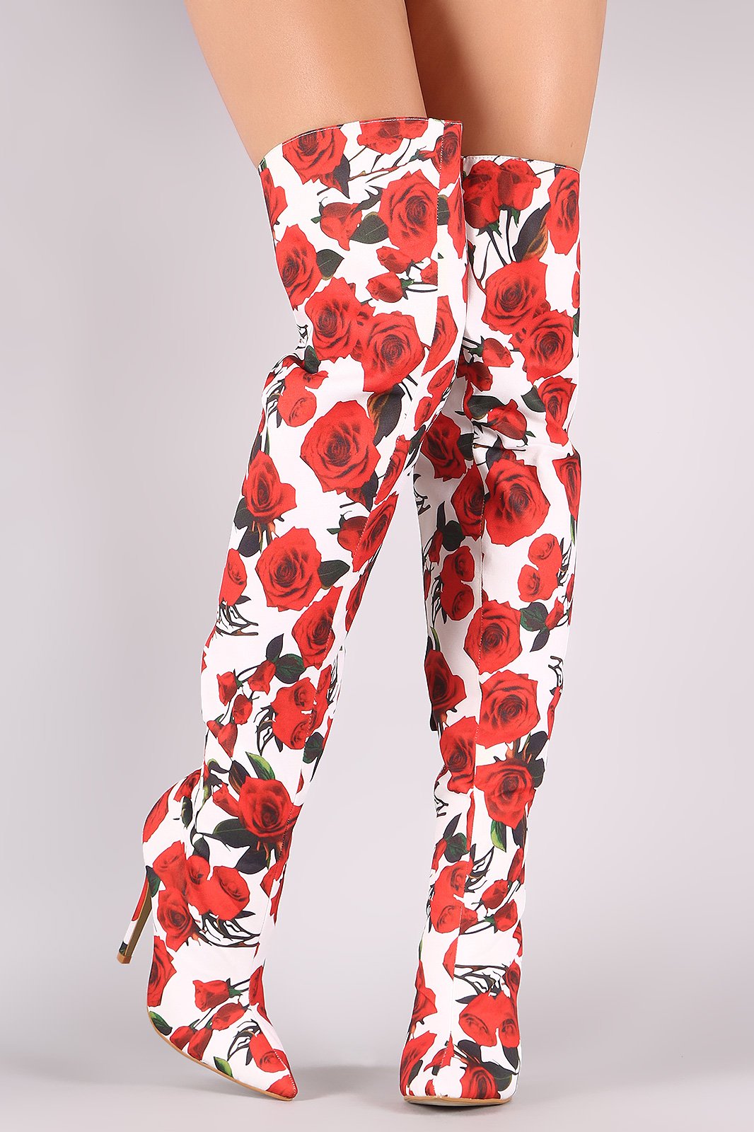 Rosette Print Pointy Toe Over-The-Knee Boots