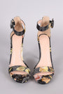 Satin Floral Embroidery Open Toe Ankle Strap Stiletto Heel