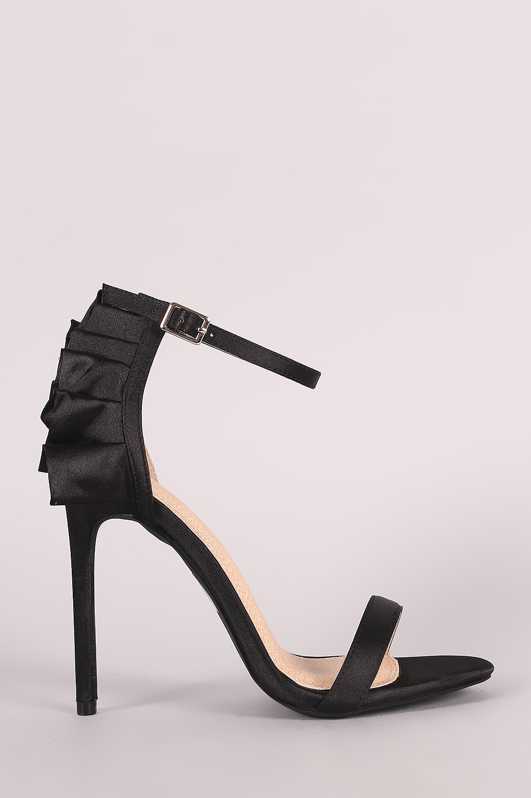 Satin Ruffle-Trimmed Ankle Strap Dress Heel