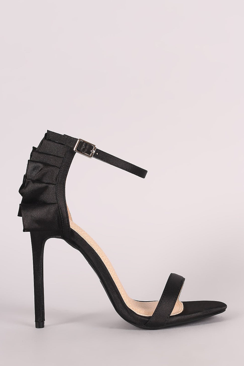 Satin Ruffle-Trimmed Ankle Strap Dress Heel