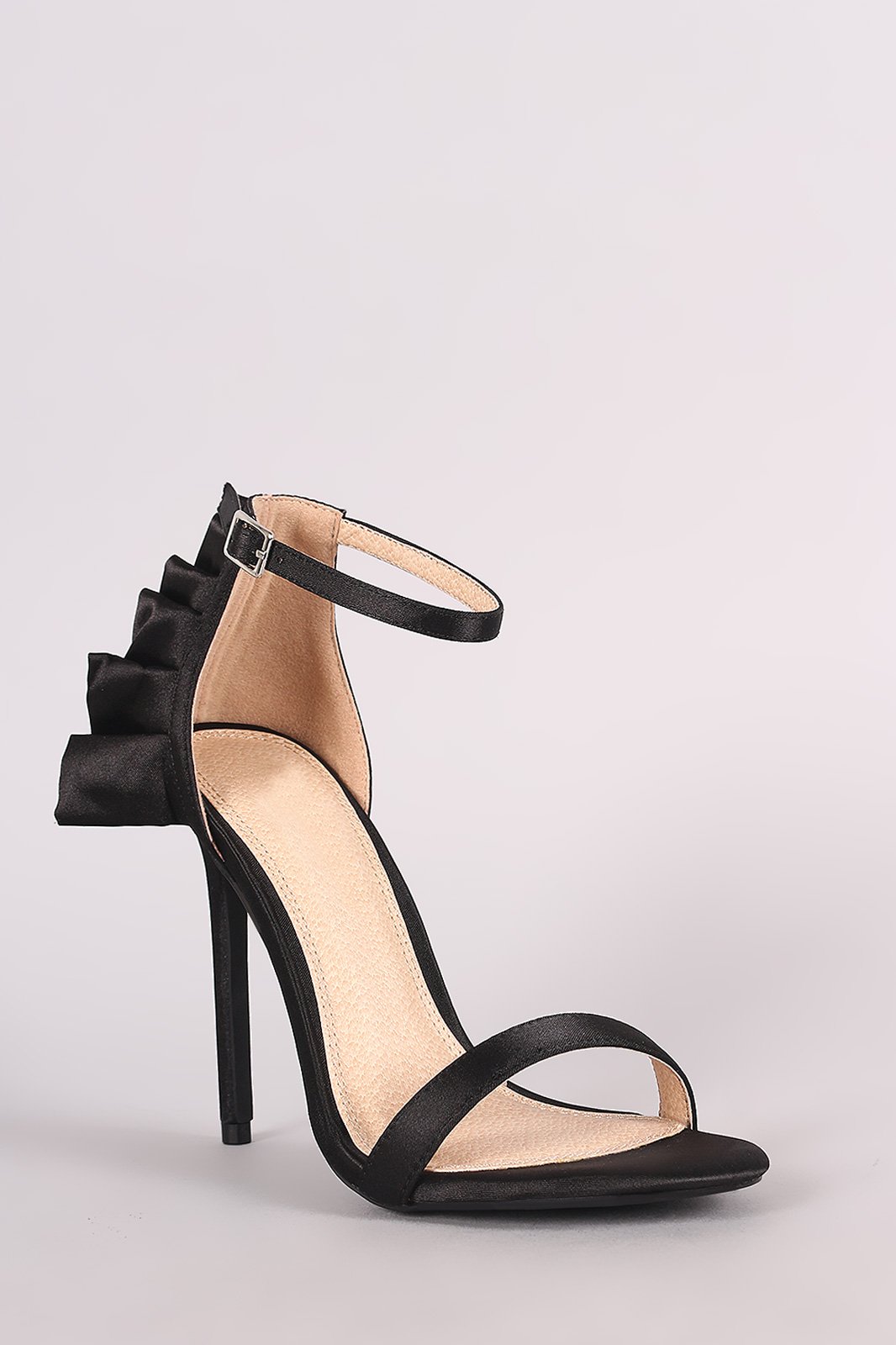 Satin Ruffle-Trimmed Ankle Strap Dress Heel