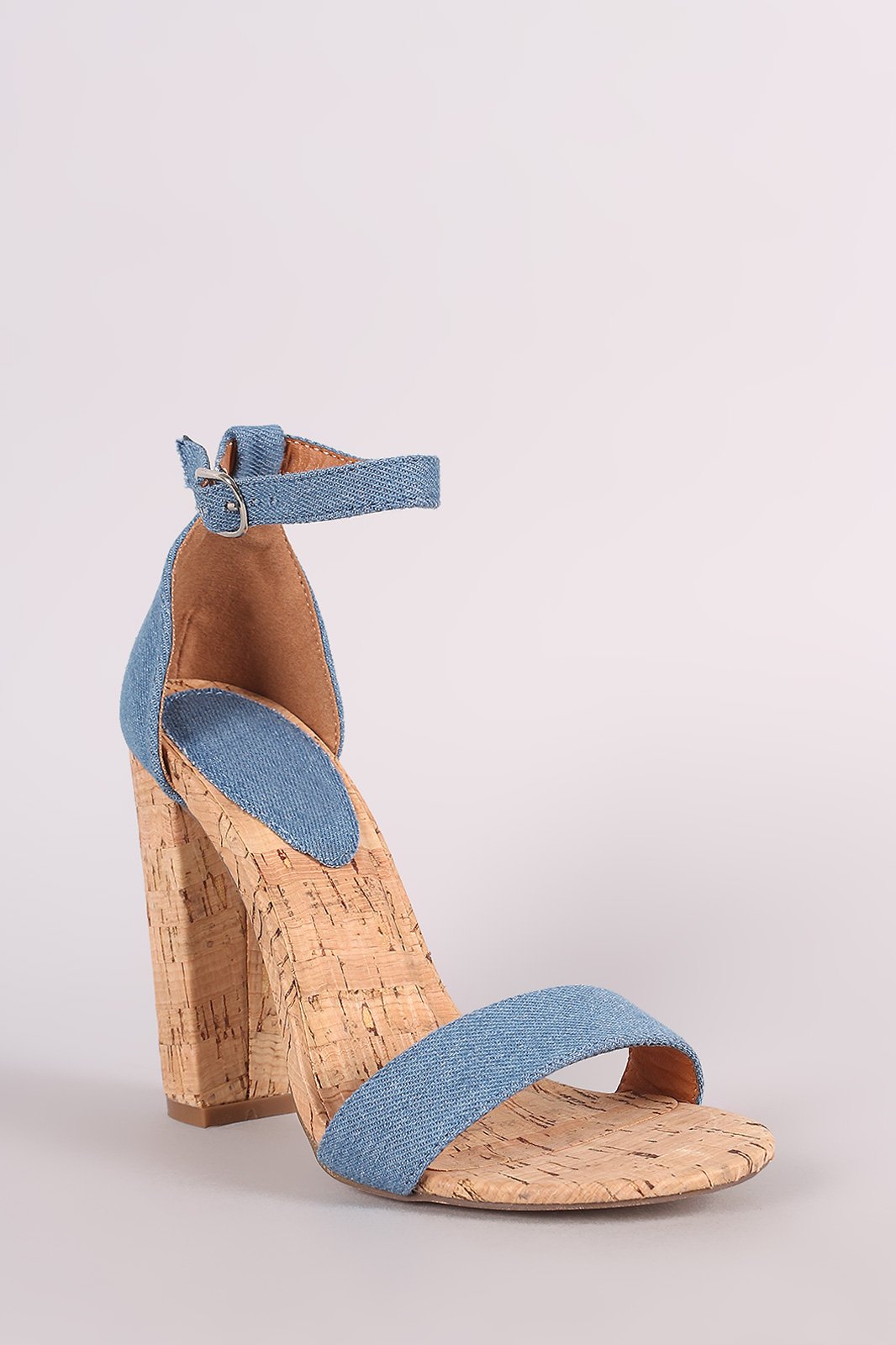 Denim Ankle Strap Open Toe Chunky Cork Heel