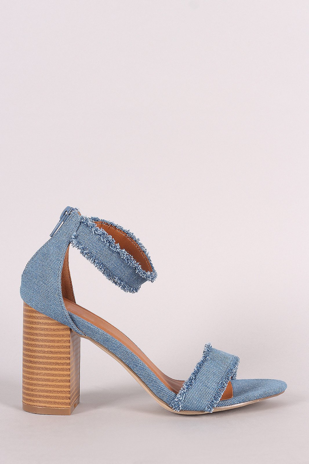Frayed Denim Buckle Ankle Strap Chunky Heel - NoveltyOne