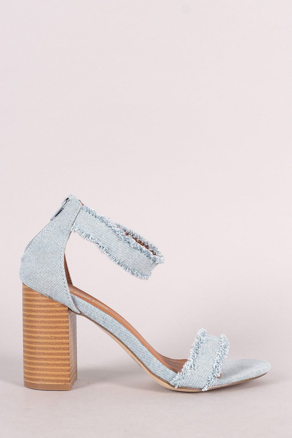 Frayed Denim Buckle Ankle Strap Chunky Heel - NoveltyOne