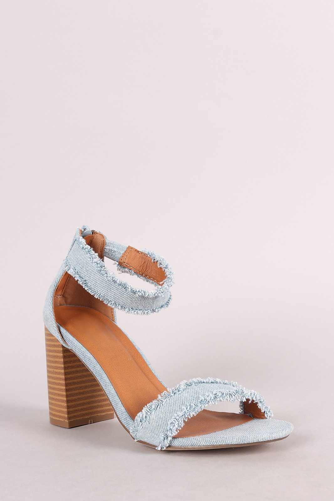 Frayed Denim Buckle Ankle Strap Chunky Heel - NoveltyOne