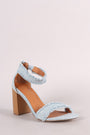 Frayed Denim Buckle Ankle Strap Chunky Heel - NoveltyOne