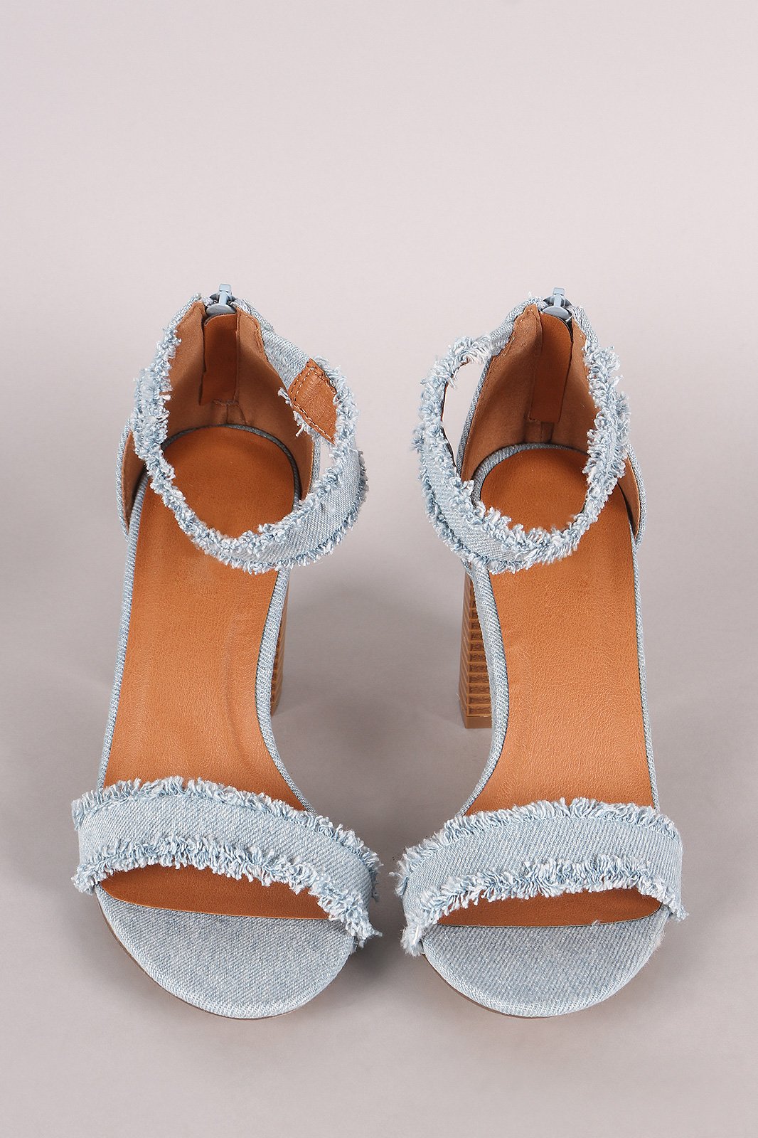 Frayed Denim Buckle Ankle Strap Chunky Heel - NoveltyOne