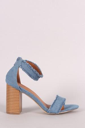 Frayed Denim Buckle Ankle Strap Chunky Heel - NoveltyOne