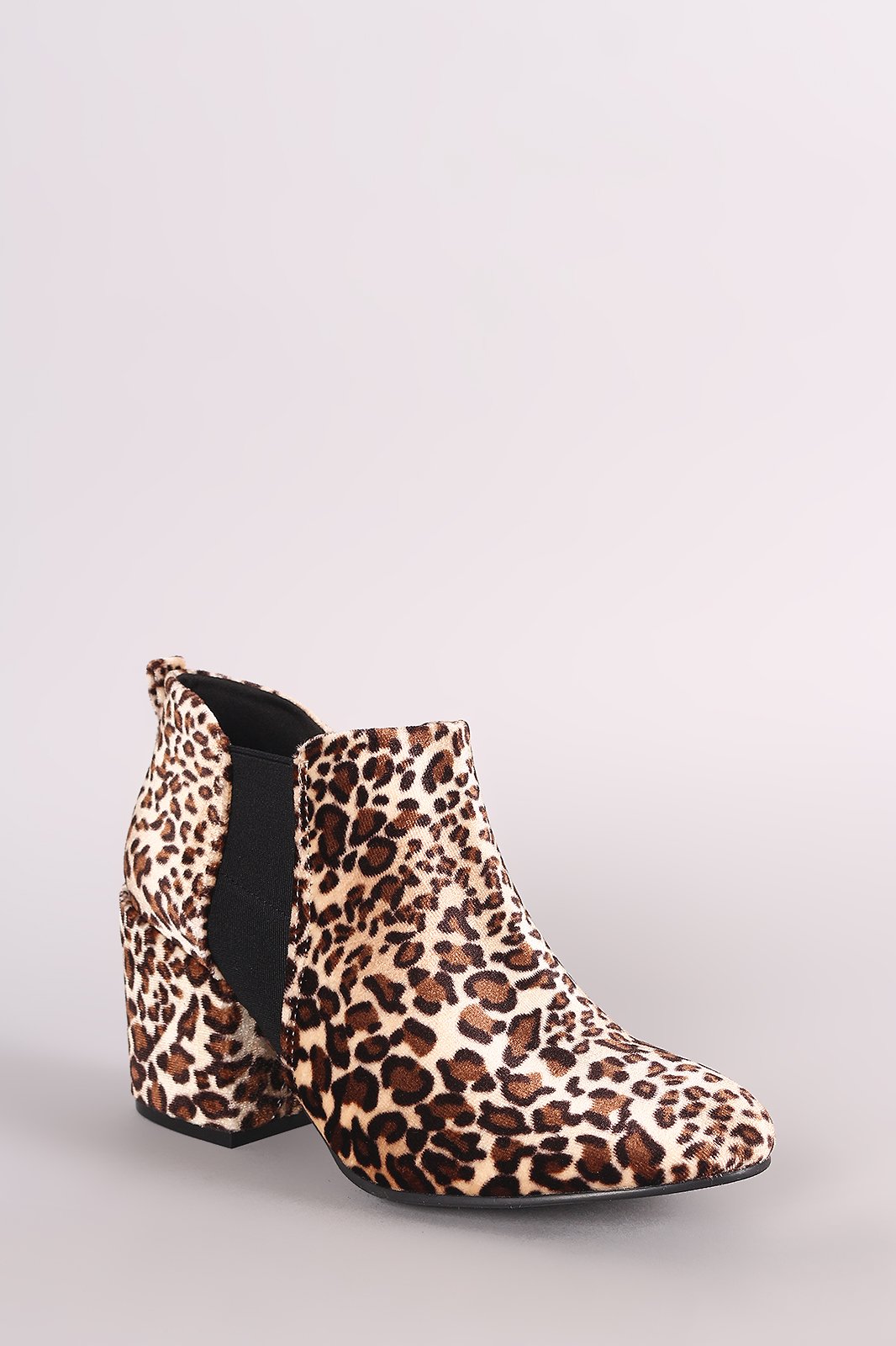 Qupid Leopard Almond Toe Elastic Gore Chunky Heeled Ankle Boots