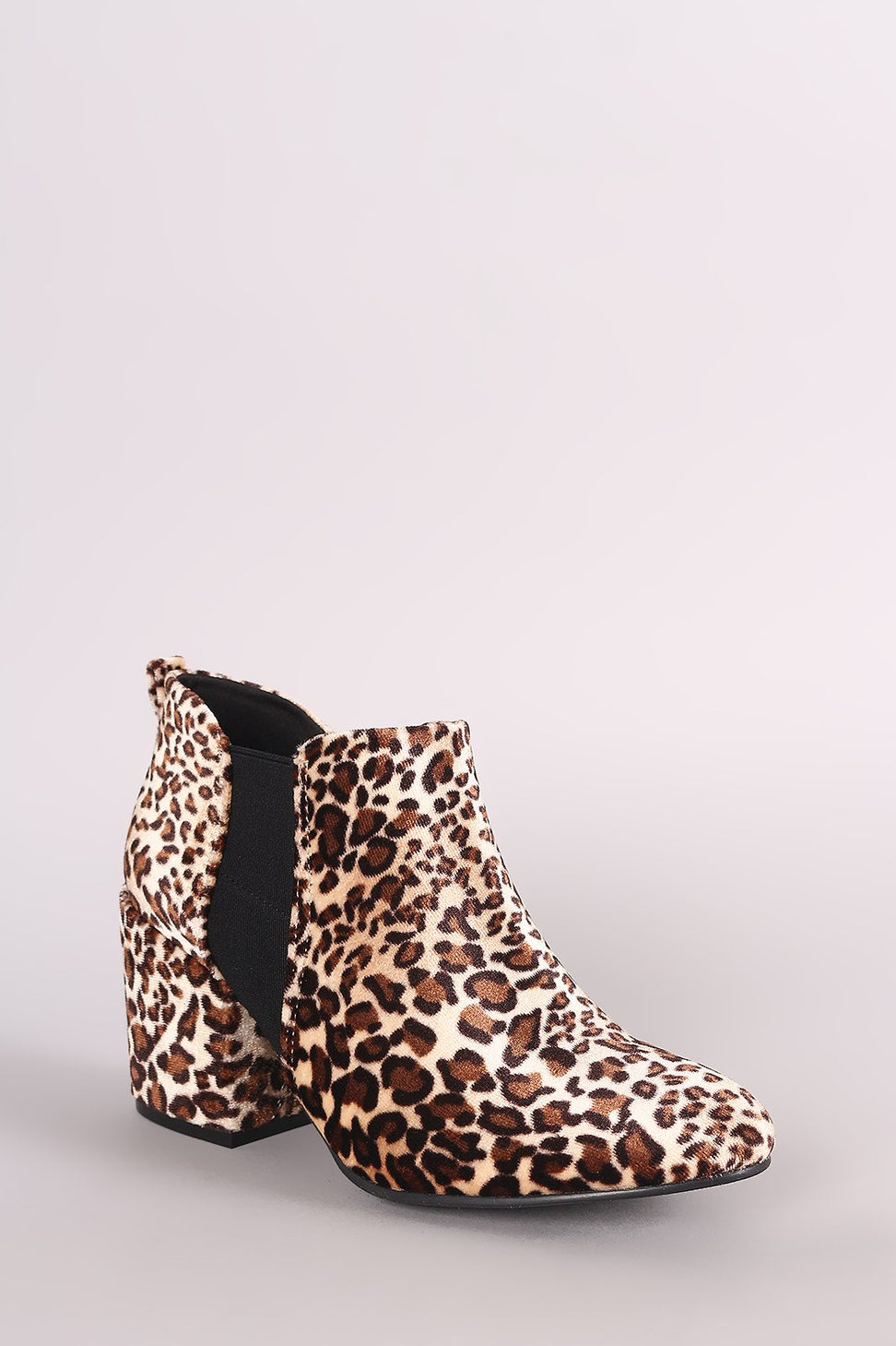 Qupid Leopard Almond Toe Elastic Gore Chunky Heeled Ankle Boots