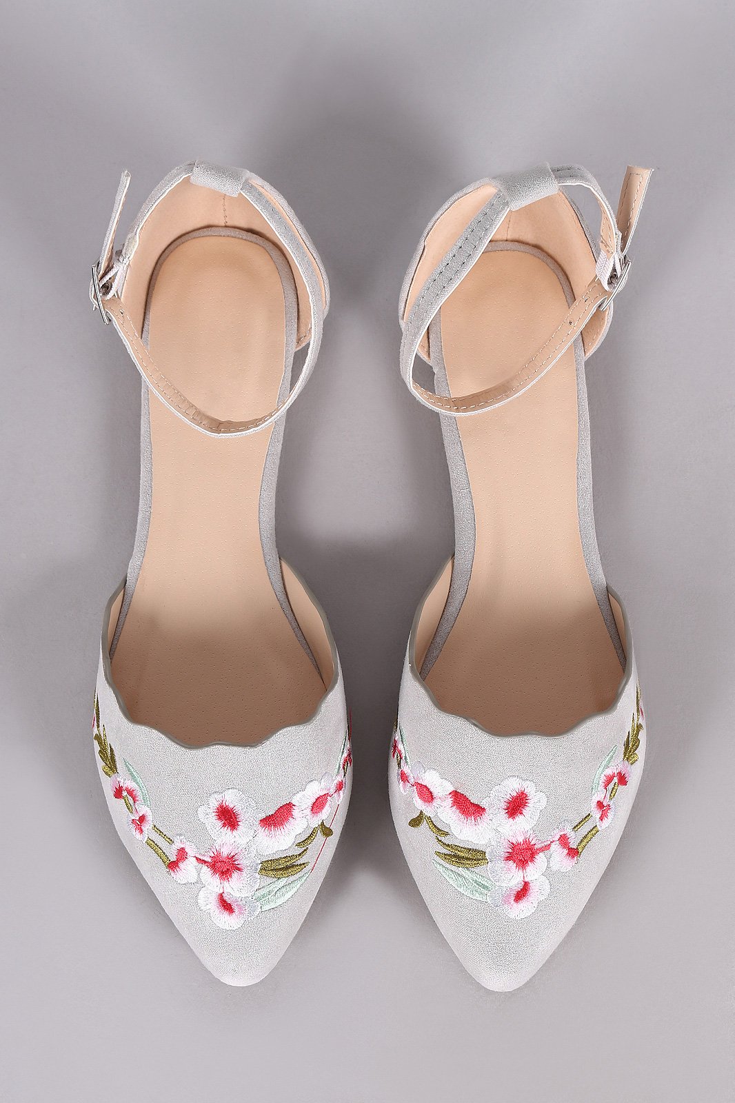 Qupid Embroidered Floral Suede Pointy Toe Ankle Strap Flat