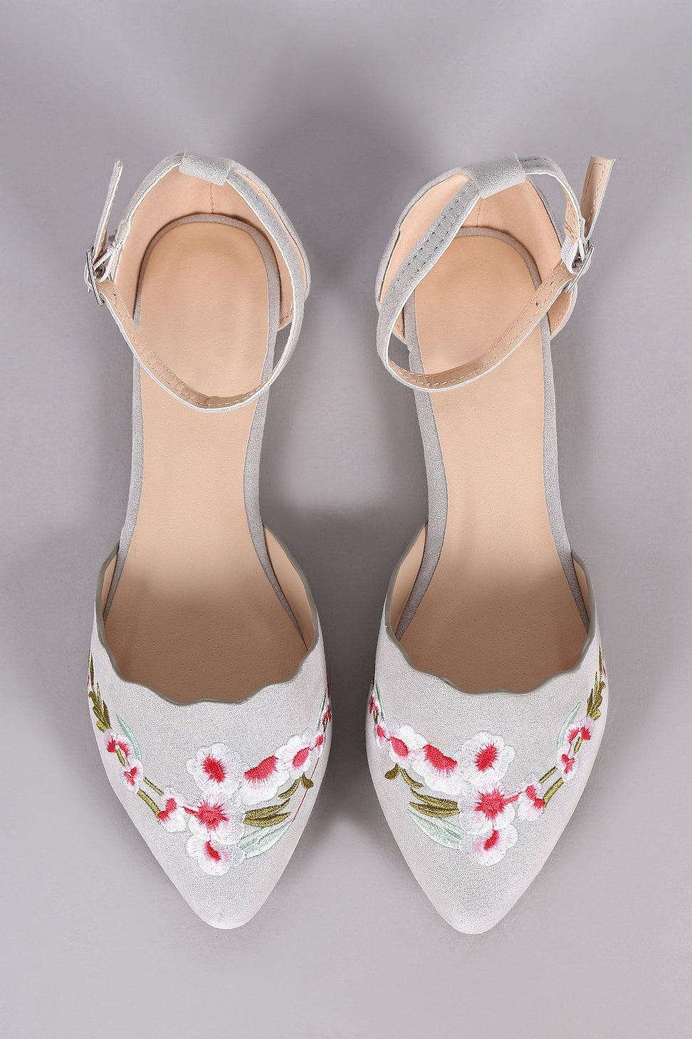 Qupid Embroidered Floral Suede Pointy Toe Ankle Strap Flat