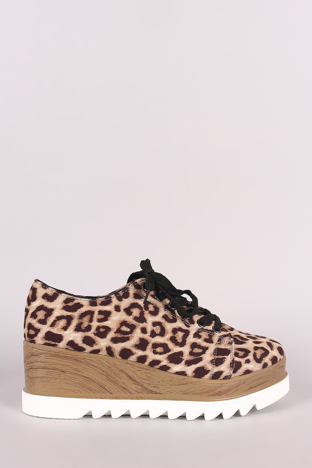 Qupid Leopard Oxford Lace Up Lug Sole Platform Wedge