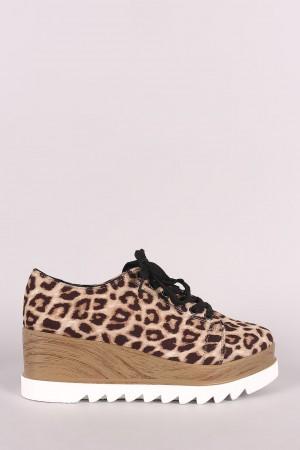Qupid Leopard Oxford Lace Up Lug Sole Platform Wedge