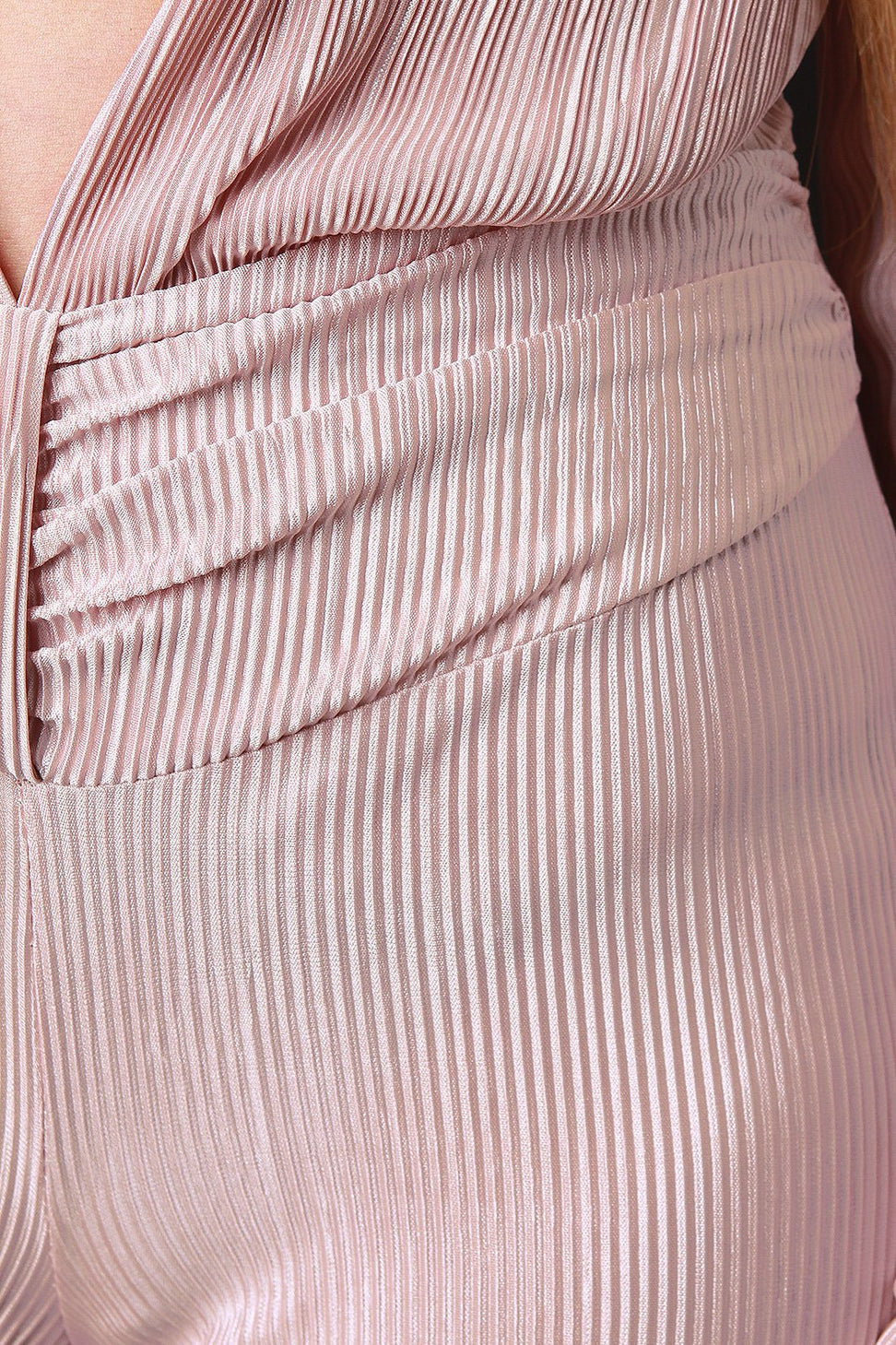 Satin Accordion Pleated Plunging Neck Wide Leg Jumpsuit