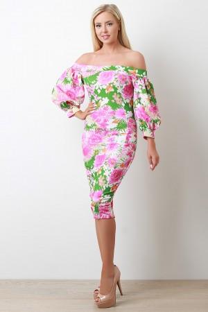 Floral Bardot Bishop Sleeve Midi Dress - NoveltyOne
