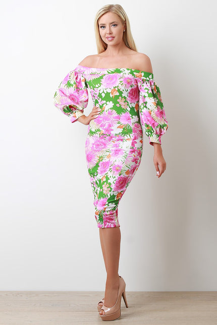 Floral Bardot Bishop Sleeve Midi Dress - NoveltyOne