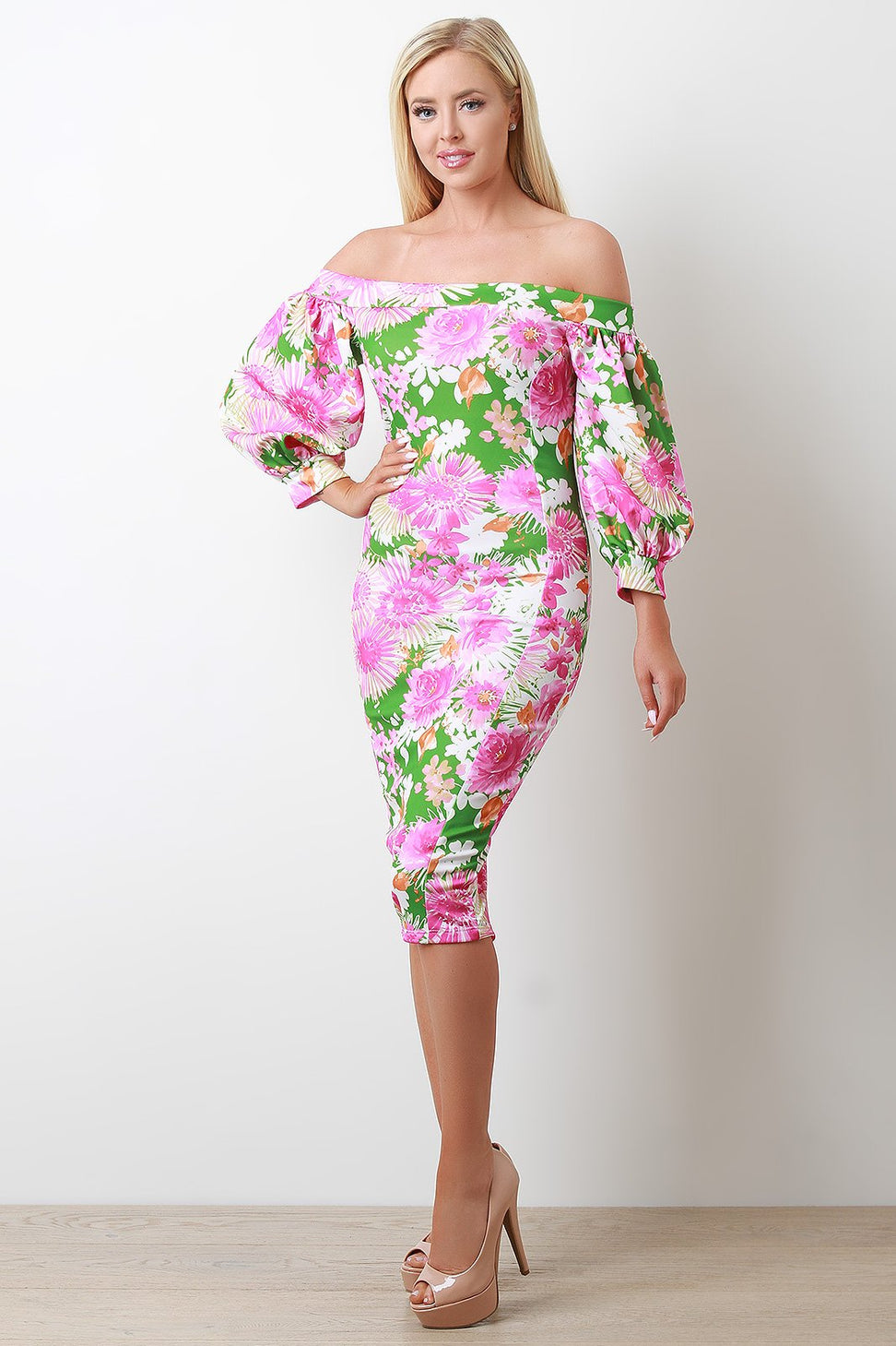 Floral Bardot Bishop Sleeve Midi Dress - NoveltyOne