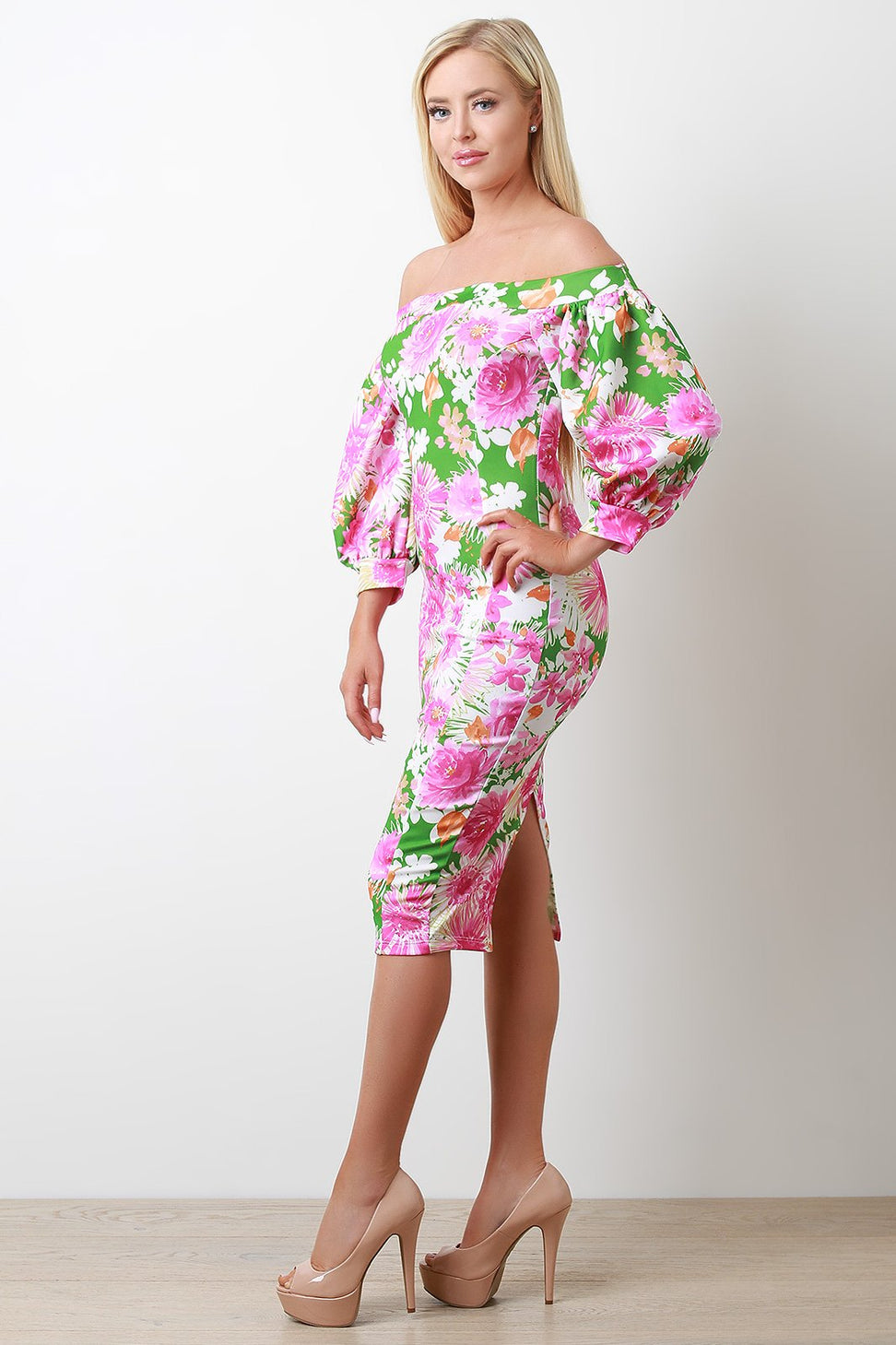 Floral Bardot Bishop Sleeve Midi Dress - NoveltyOne