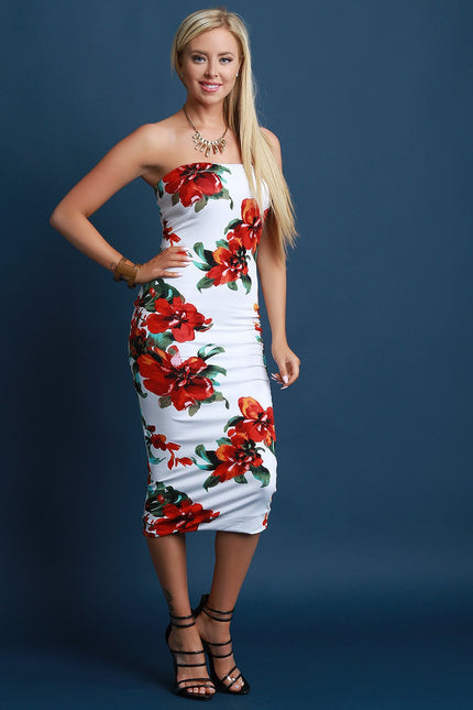 Strapless Jersey Knit Floral Midi Dress