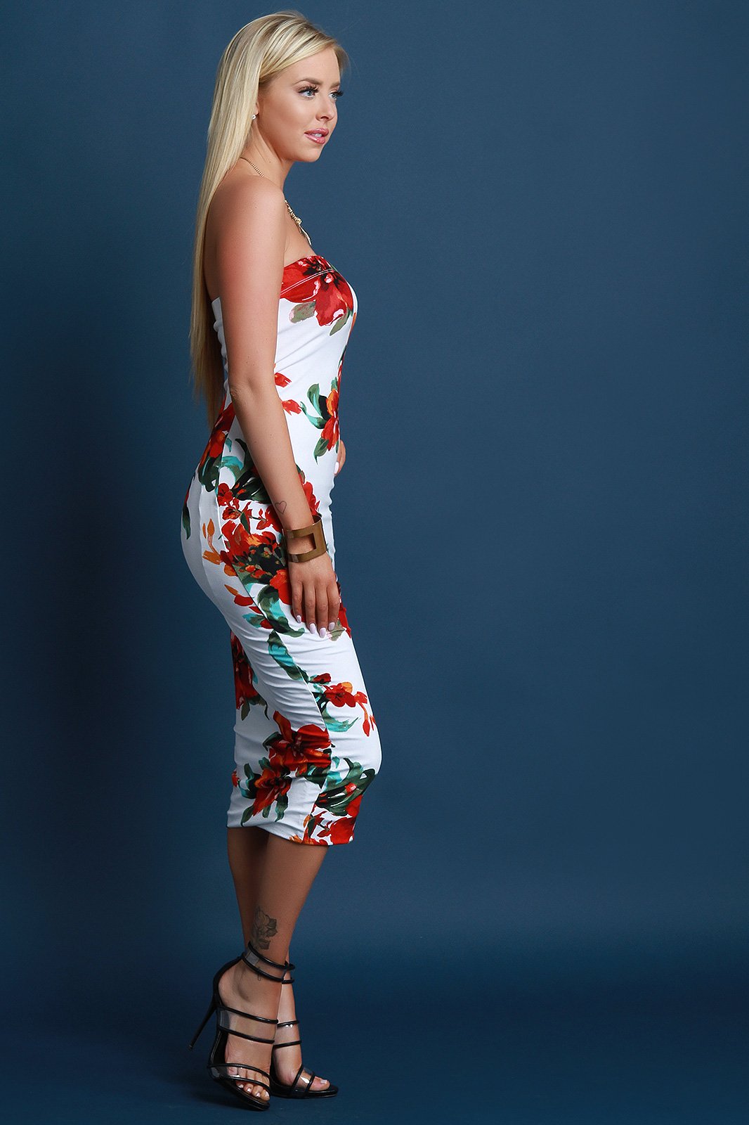 Strapless Jersey Knit Floral Midi Dress