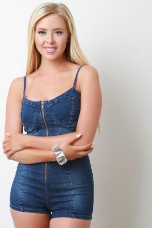 Denim Zippered Front Bustier Fitted Romper - NoveltyOne