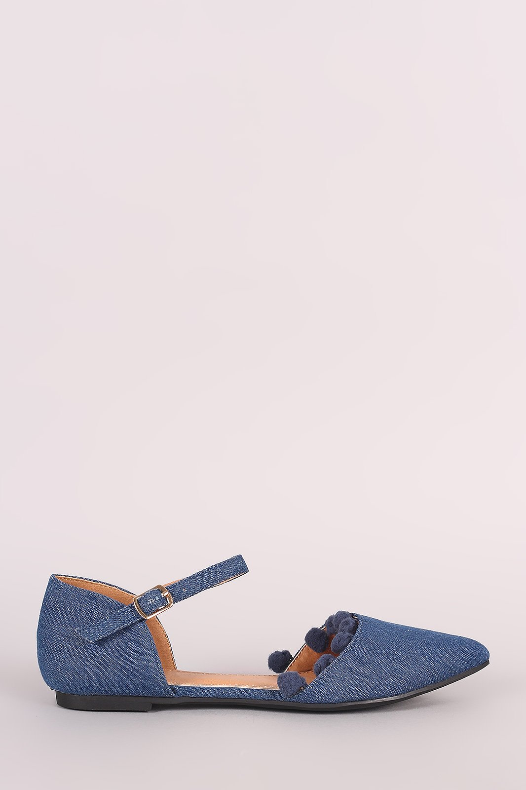 Denim Pointy Toe Pom Pom Ankle Strap Flat - NoveltyOne