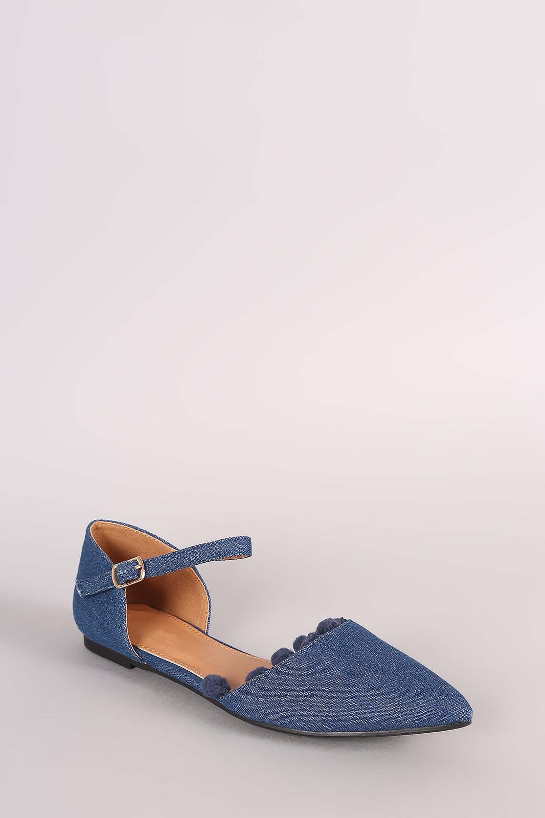 Denim Pointy Toe Pom Pom Ankle Strap Flat - NoveltyOne