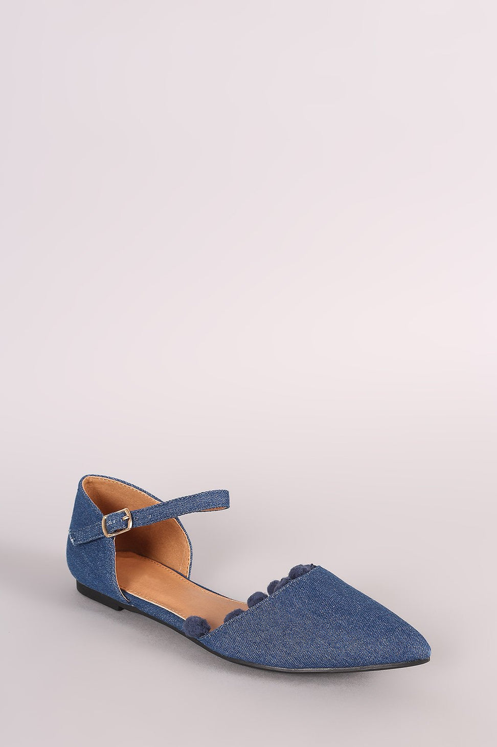 Denim Pointy Toe Pom Pom Ankle Strap Flat - NoveltyOne