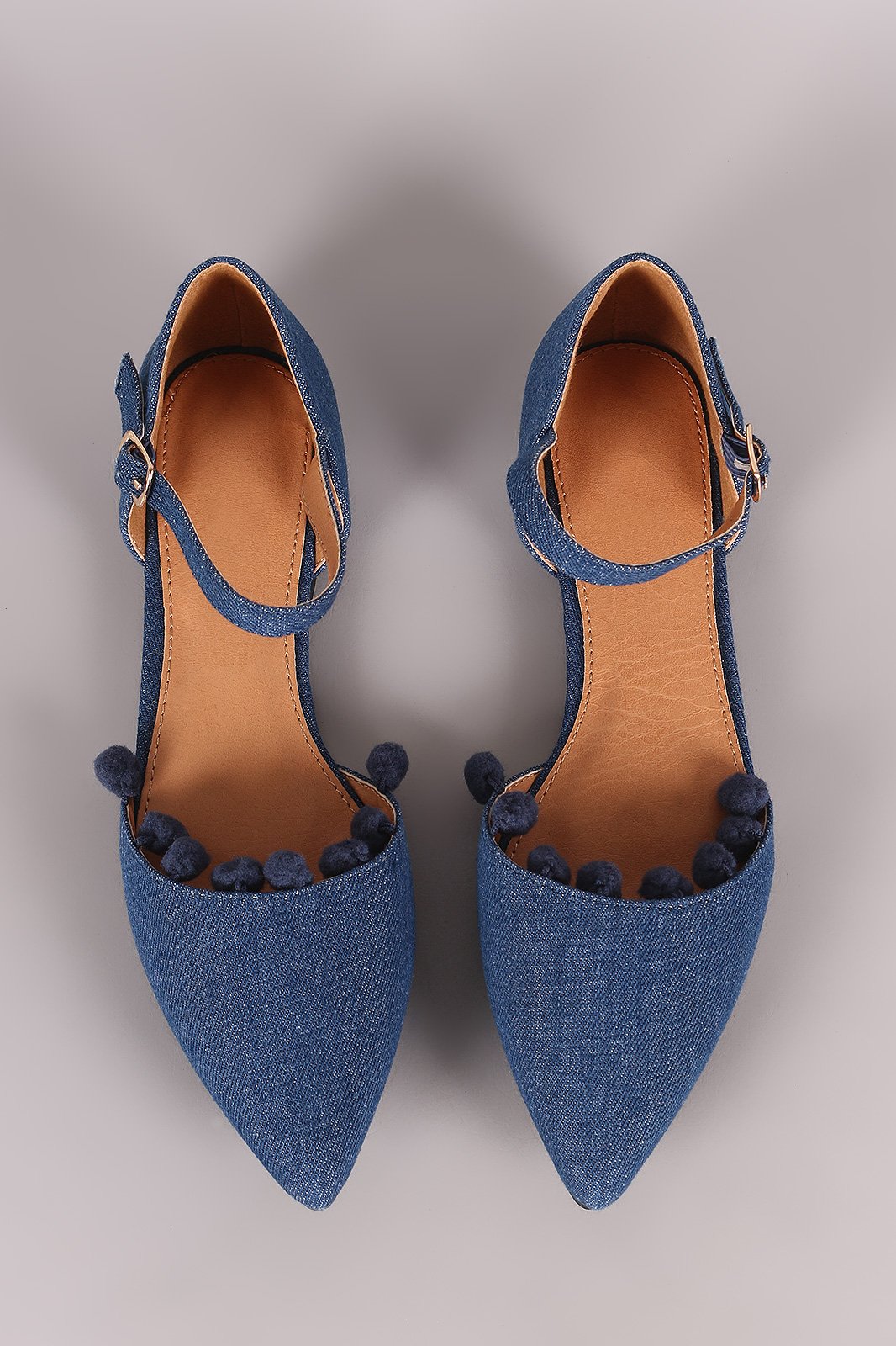 Denim Pointy Toe Pom Pom Ankle Strap Flat - NoveltyOne