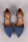 Denim Pointy Toe Pom Pom Ankle Strap Flat - NoveltyOne