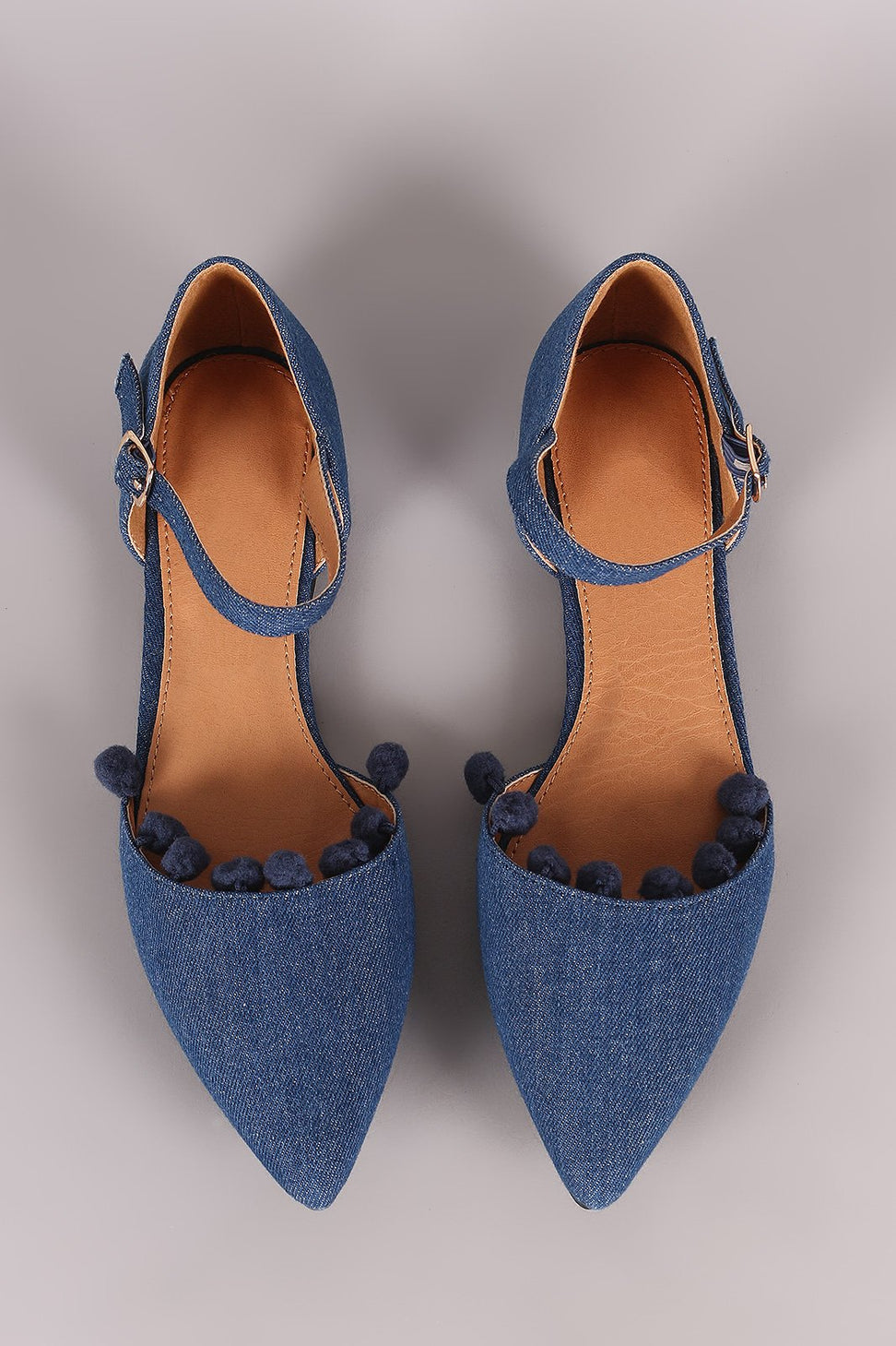Denim Pointy Toe Pom Pom Ankle Strap Flat - NoveltyOne