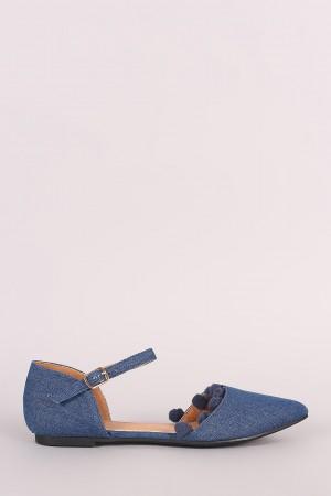 Denim Pointy Toe Pom Pom Ankle Strap Flat - NoveltyOne