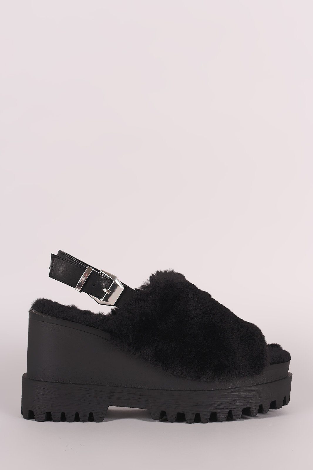 Wild Diva Lounge Faux Fur Lug Sole Slingback Platform Wedge