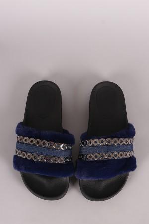 Faux Fur Denim Hardware Accent Slide Sandal