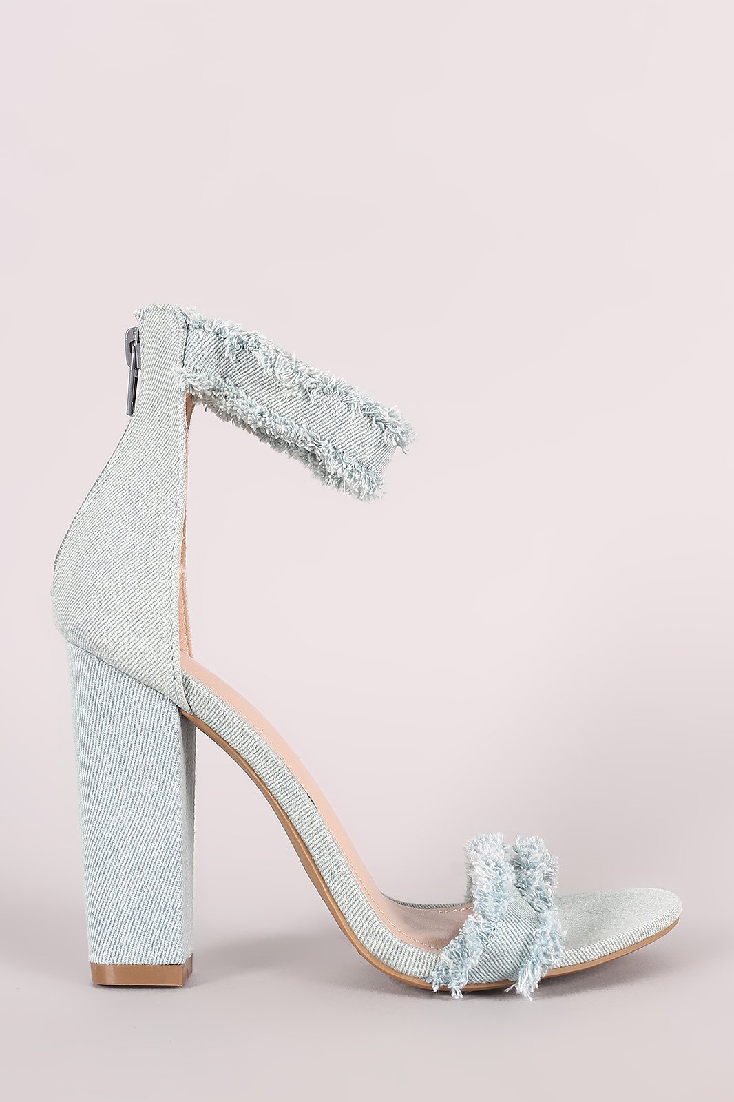 Shoe Republic LA Frayed Denim Ankle Strap Chunky Heel