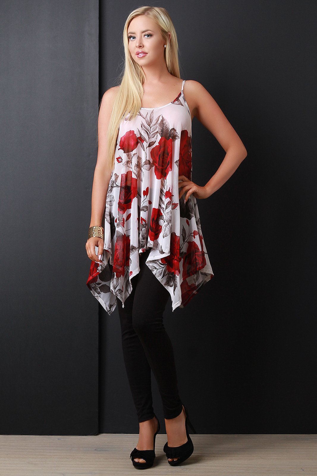 Semi-Sheer Floral Mesh Handkerchief Hem Top