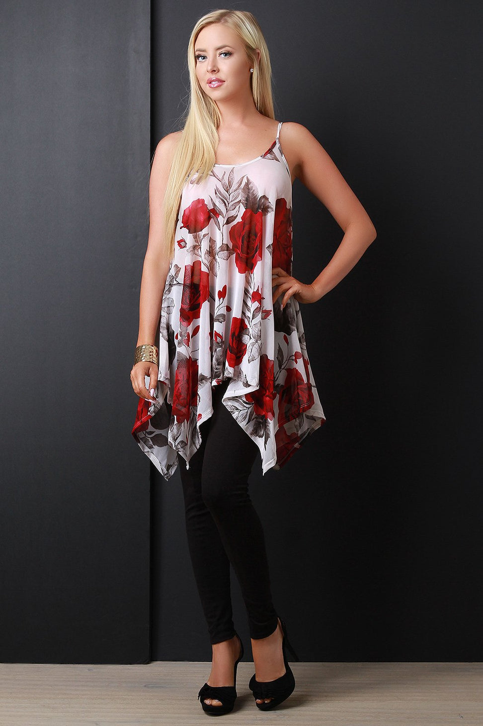 Semi-Sheer Floral Mesh Handkerchief Hem Top