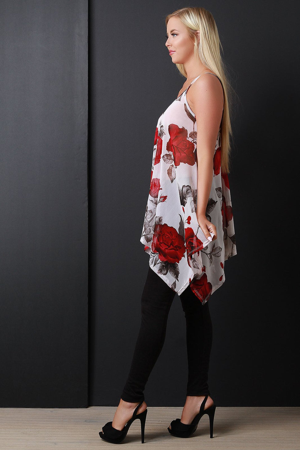 Semi-Sheer Floral Mesh Handkerchief Hem Top