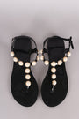 Faux Pearl Embellished T-Strap Thong Flat Sandal - NoveltyOne