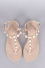 Faux Pearl Embellished T-Strap Thong Flat Sandal - NoveltyOne