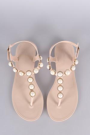 Faux Pearl Embellished T-Strap Thong Flat Sandal - NoveltyOne