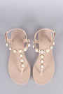 Faux Pearl Embellished T-Strap Thong Flat Sandal - NoveltyOne