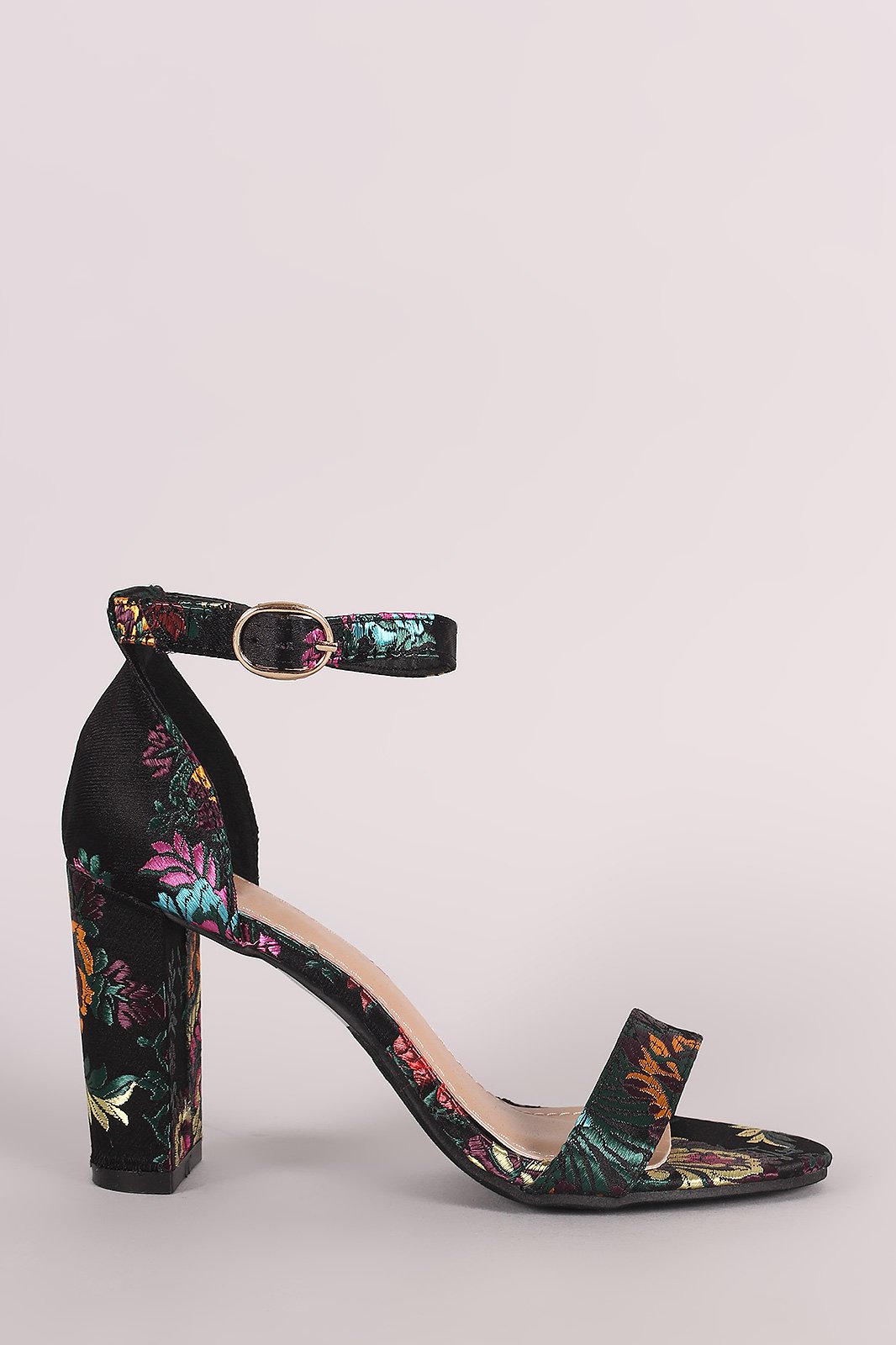 Floral Brocade Satin Ankle Strap Chunky Heel - NoveltyOne