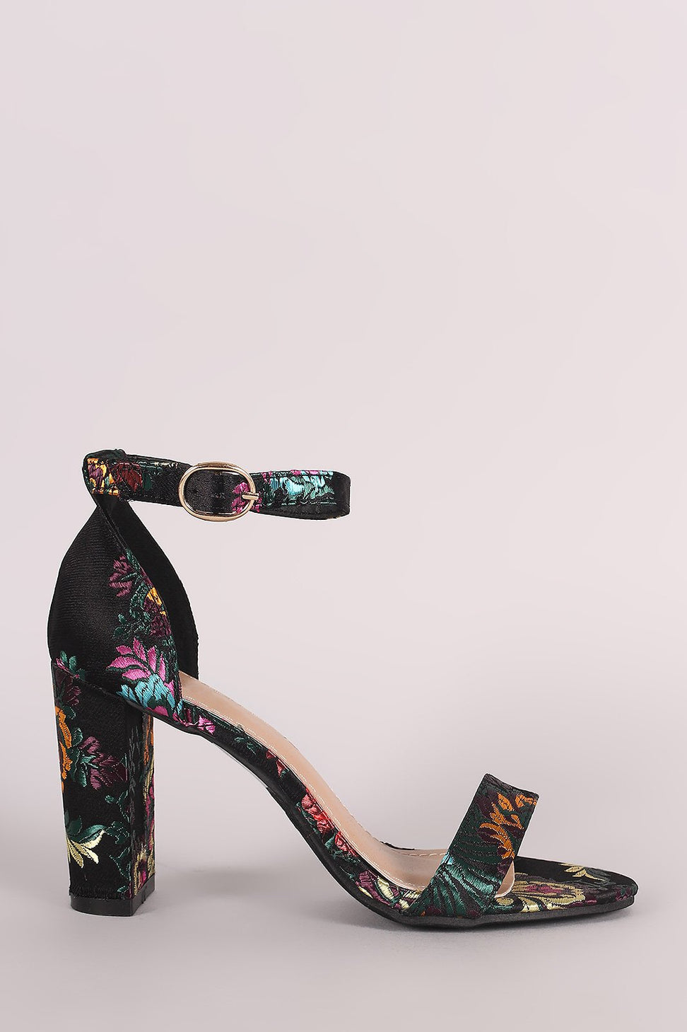 Floral Brocade Satin Ankle Strap Chunky Heel - NoveltyOne