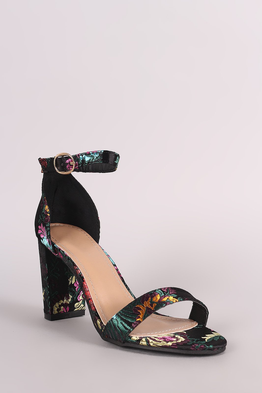 Floral Brocade Satin Ankle Strap Chunky Heel - NoveltyOne